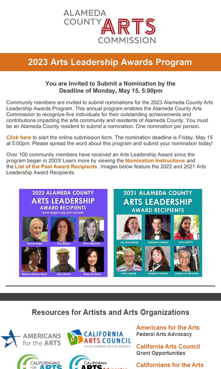 Screenshot of Arts Leadership Awards Program 2023 Newsletter first page.